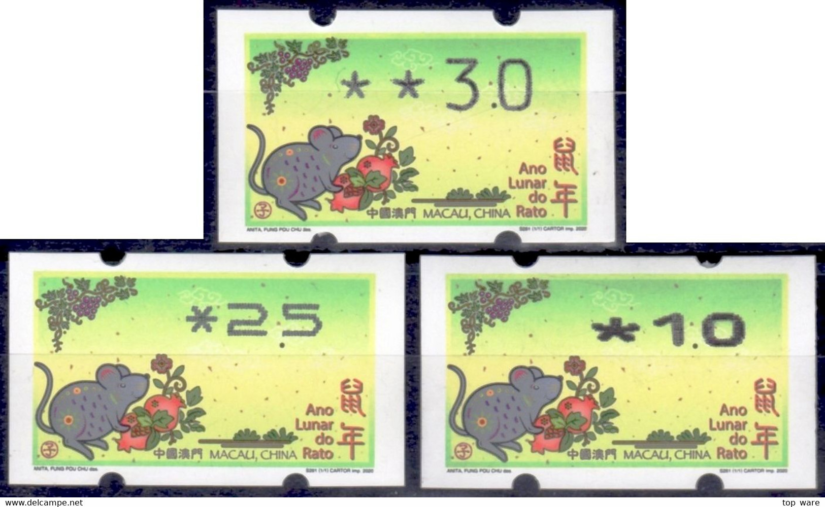 2020 Chine Macao Macau ATM Stamps Année Du Souris / Tous Types D'imprimantes Klussendorf Nagler Automatenmarken - Automatenmarken
