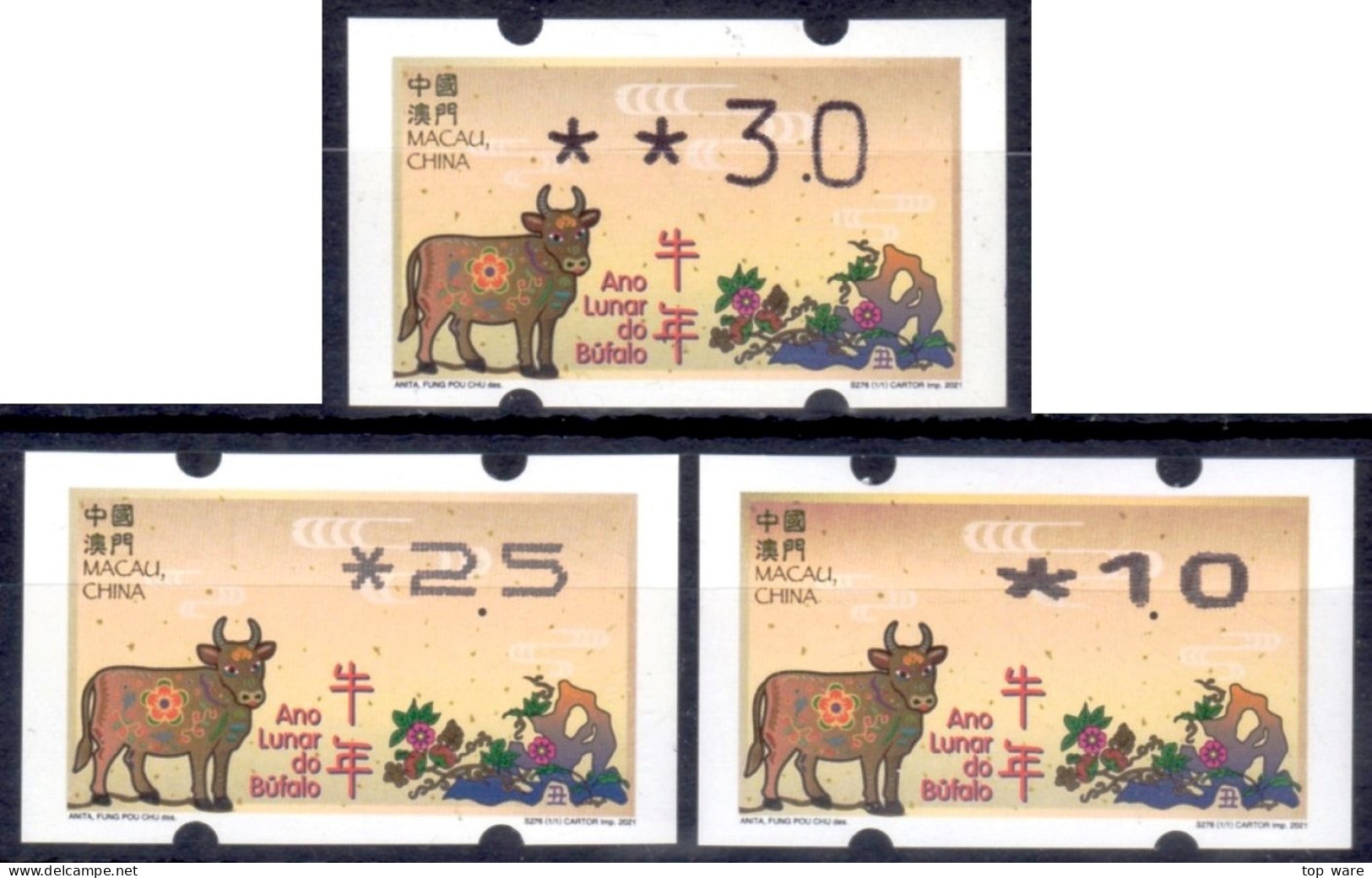 2021 Chine Macao Macau ATM Stamps Année Du Buffle / Tous Types D'imprimantes Klussendorf Nagler Automatenmarken - Distributeurs