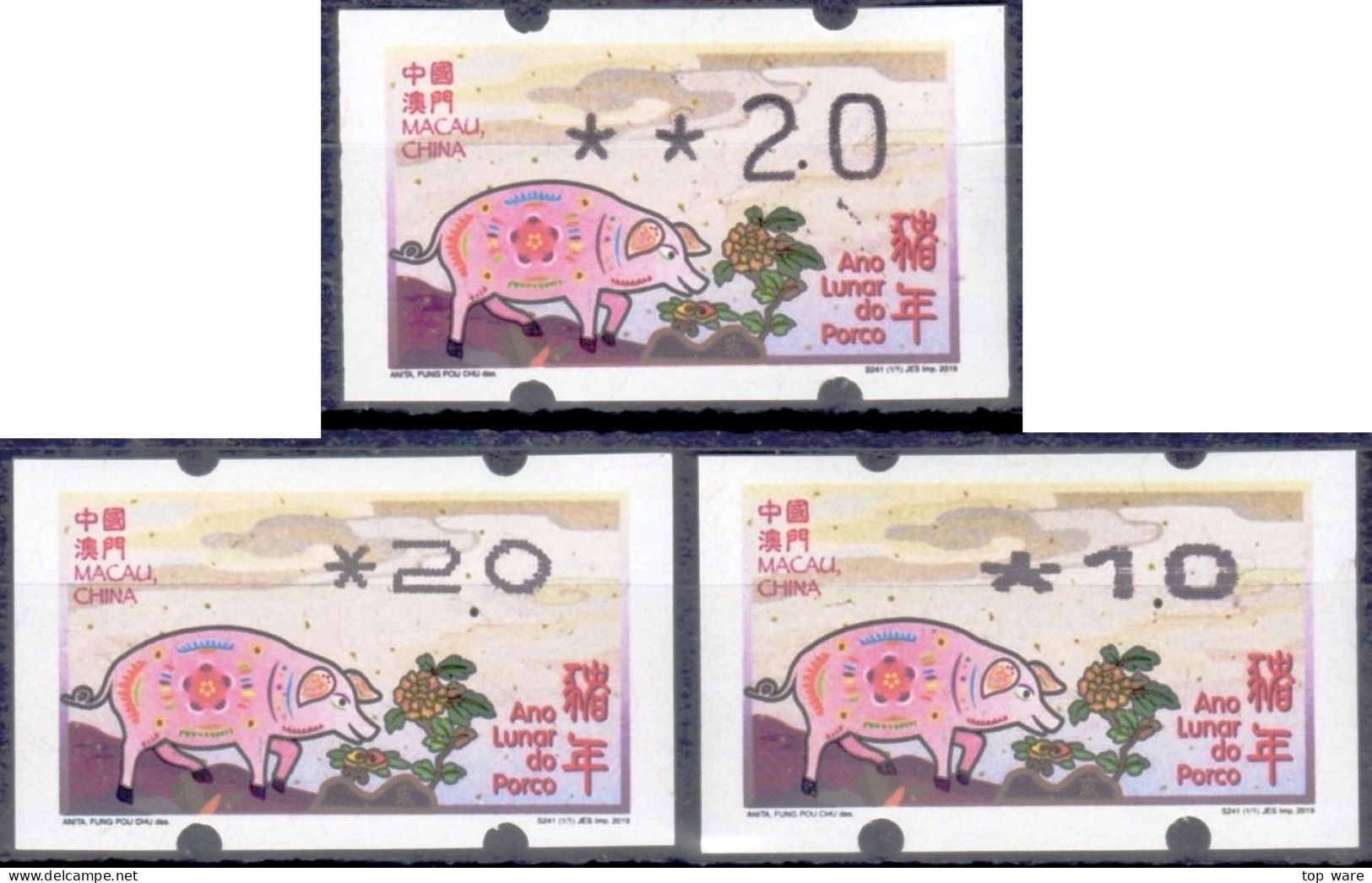 2019 Chine Macau ATM Stamps Année Du Cochon Pig / Tous Types D'imprimantes Klussendorf Nagler Newvision Automatenmarken - Distributors