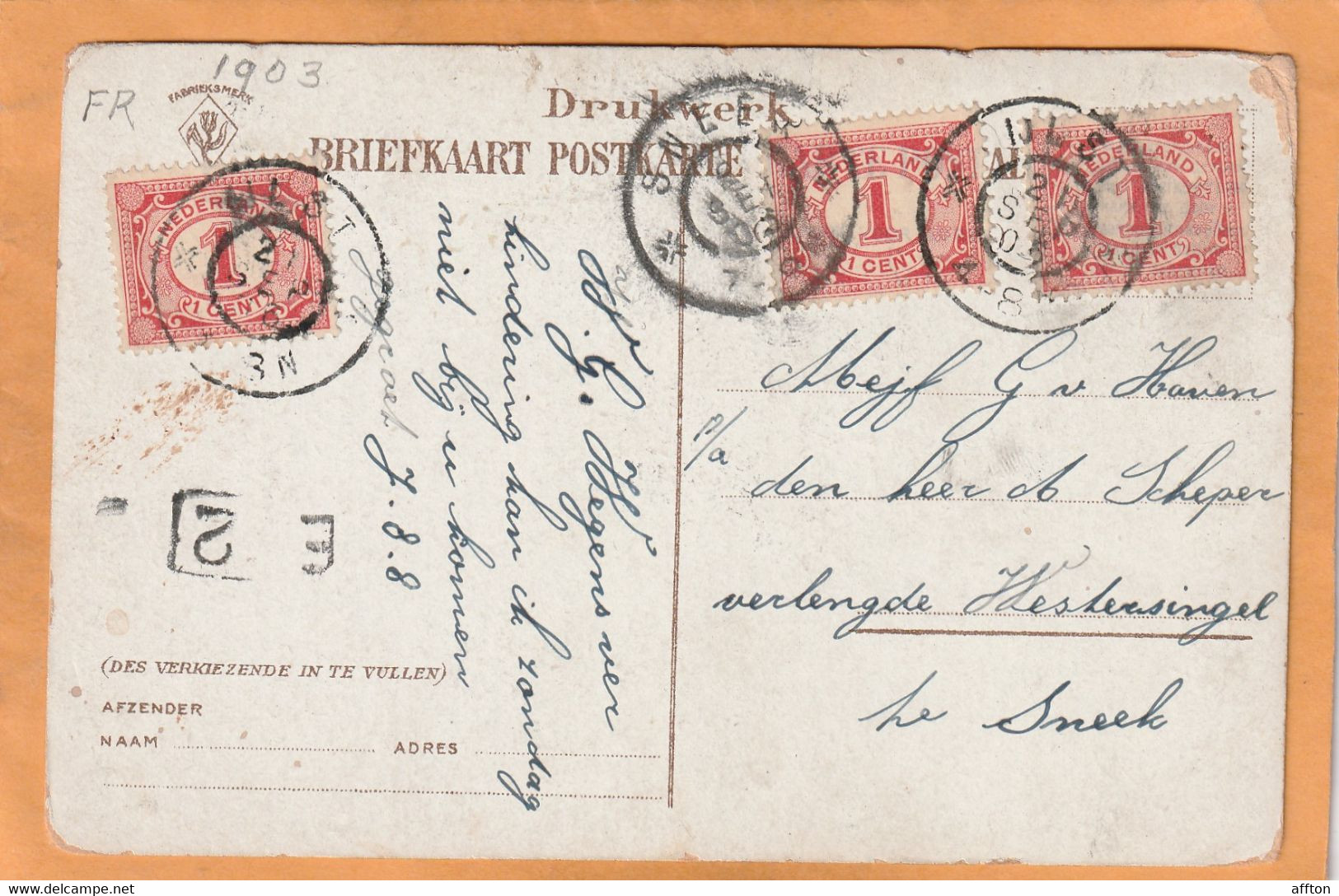 Sneek Netherlands 1903 Postcard - Sneek