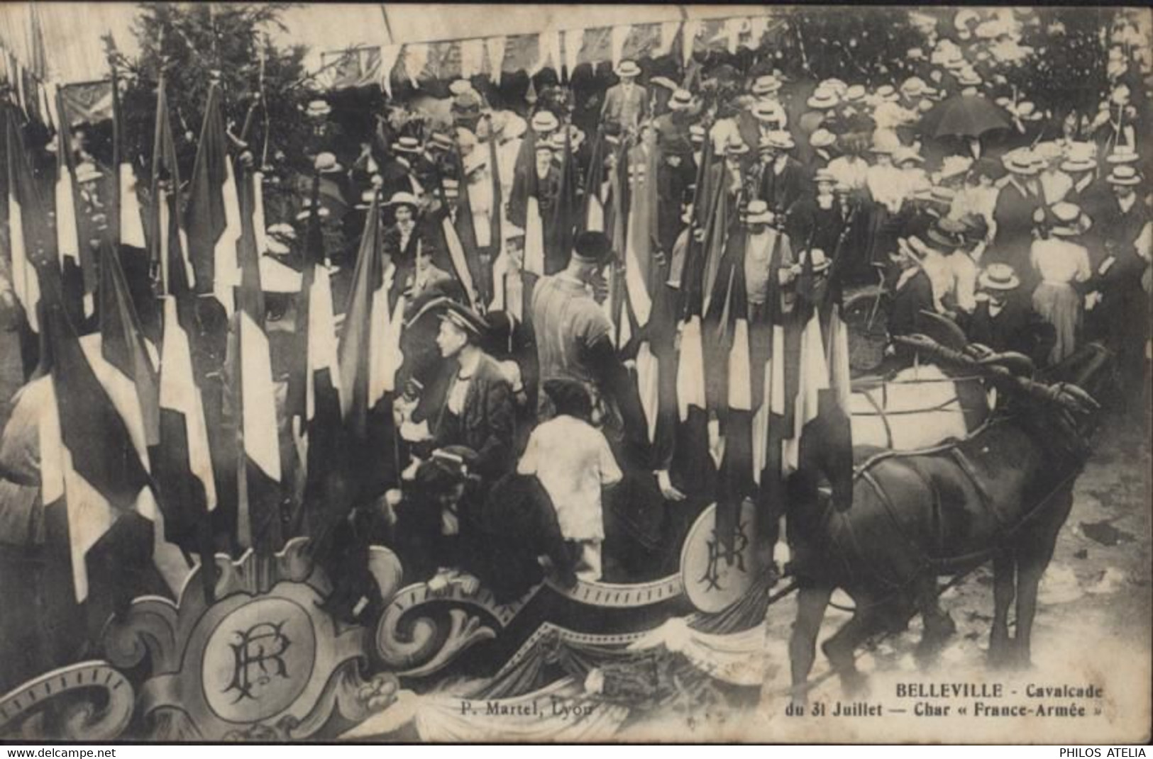 CPA CP Belleville Sur Saône (Rhône) Cavalcade Du 31 Juillet Char France Armée P Martel Lyon Non Voyagée - Belleville Sur Saone