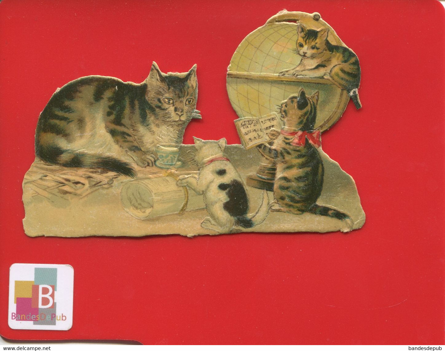 Jolie Chromo Decoupis Chat Chaton Mappemonde Tasse Lait Partition Musicale Cat Katze Léger Relief 7,5 Cm X 11,5 Cm - Animals