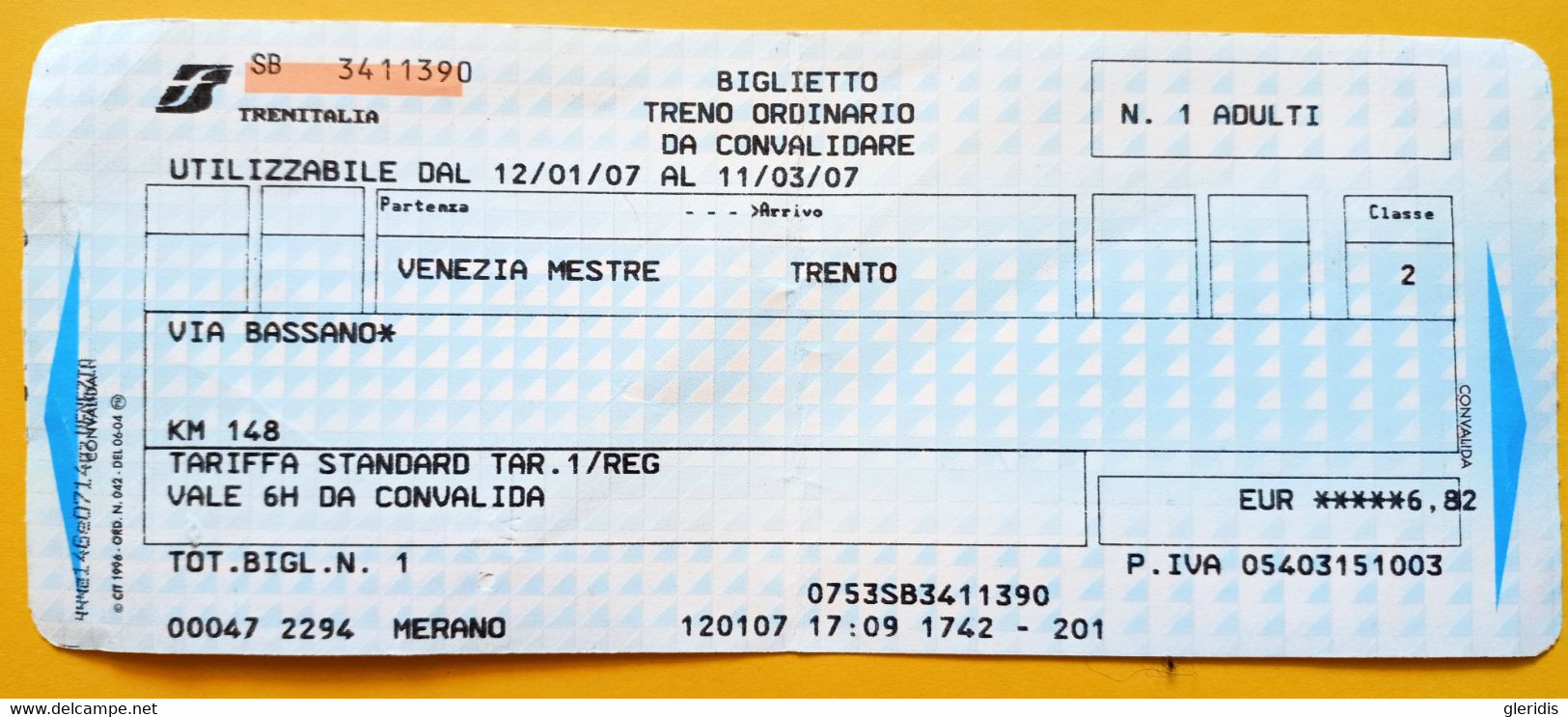 BIGLIETTO TRENITALIA TRENO VENEZIA MESTRE TRENTO VIA BASSANO 2007 - Europa