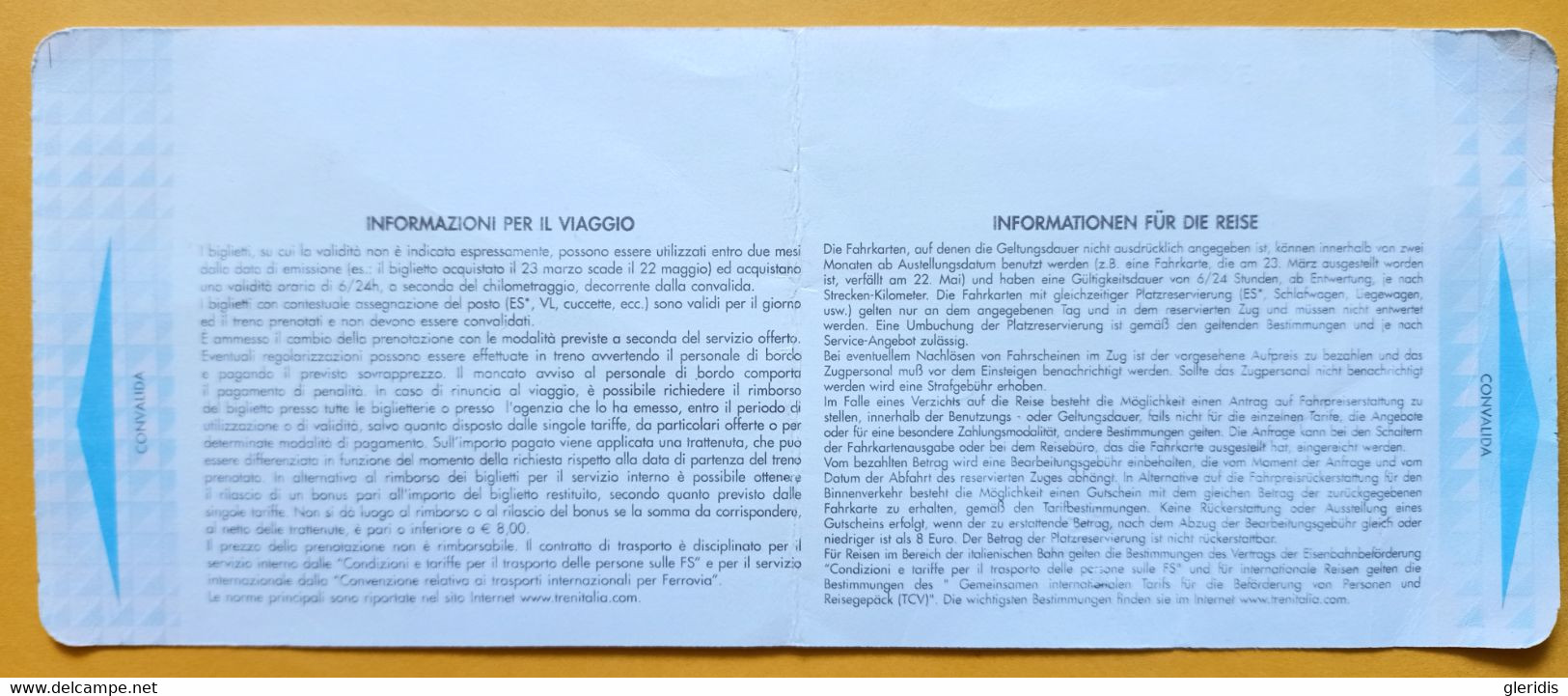 BIGLIETTO TRENITALIA TRENO VENEZIA MESTRE TRENTO VIA BASSANO 2007 - Europa