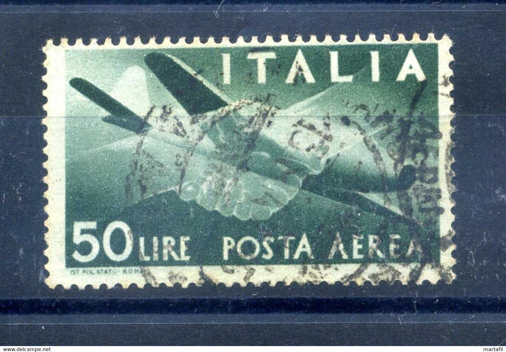 1945-46 ITALIA REPUBBLICA POSTA AEREA N.132 USATO 50 LIRE Verde - Filigrana Ruota - Luchtpost