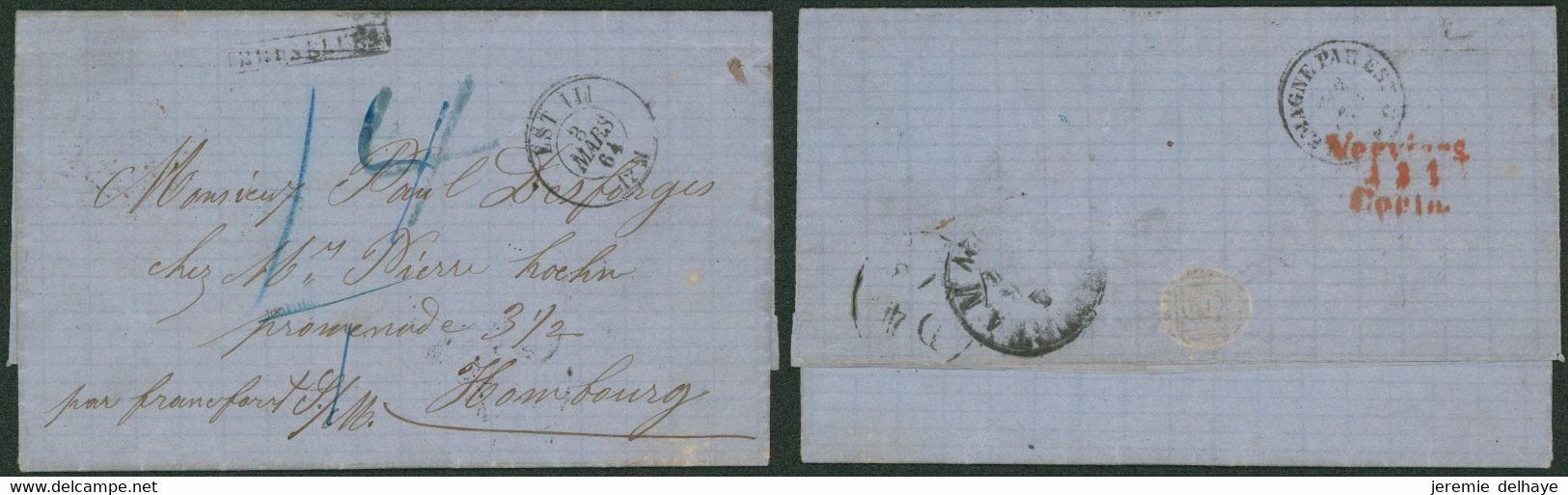 LAC Non Affranchie + Cachet Ambulant Est III (1864) Et Griffe Encadrée BRUXELLES > Hamburg + Passage "Allemagne Par Est - Ambulants