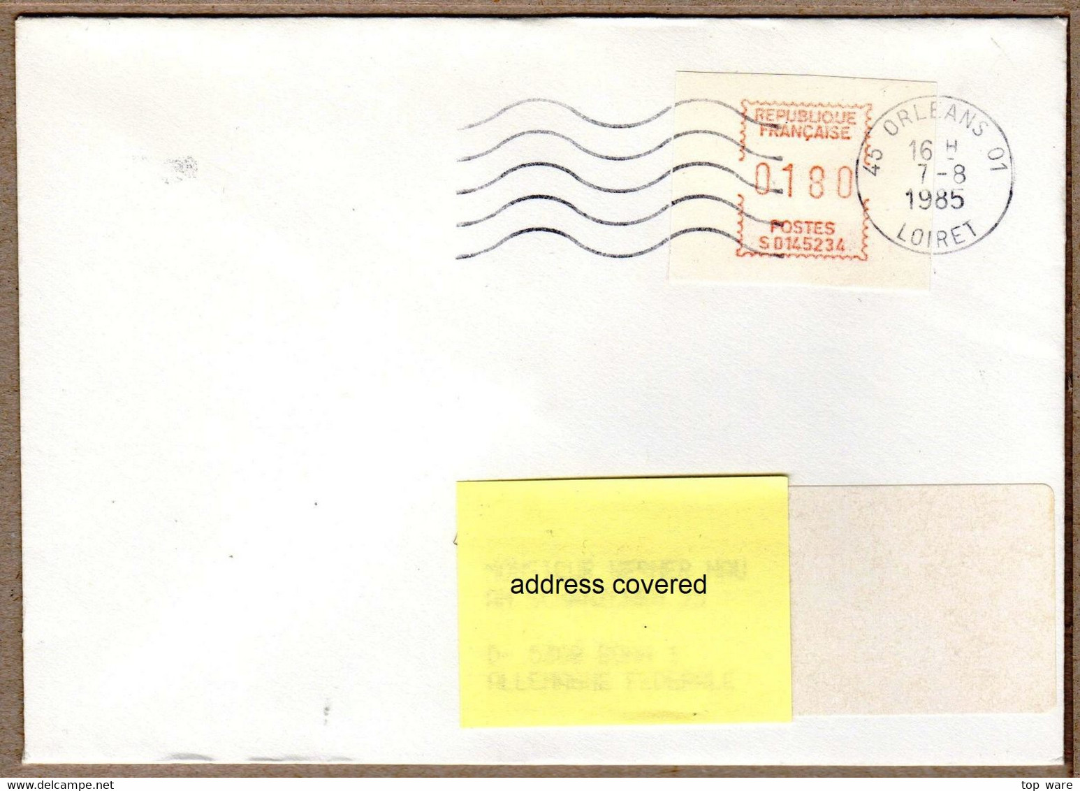 Frankreich France ATM 7.2 X 1,80 F On Letter Orleans 7.8.1985 To Germany / Distributeurs Automatenmarken Etiquetas - 1969 Montgeron – Wit Papier – Frama/Satas