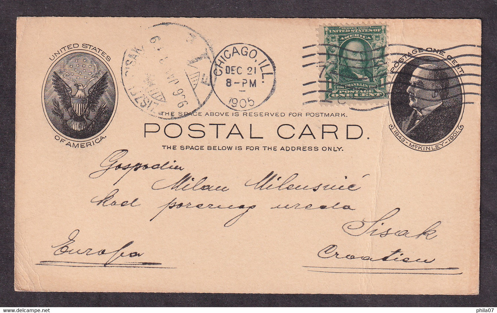 USA - Old Stationery Additionally Franked And Sent From Chicago To Sisak 1905 / 2 Scans - Andere & Zonder Classificatie