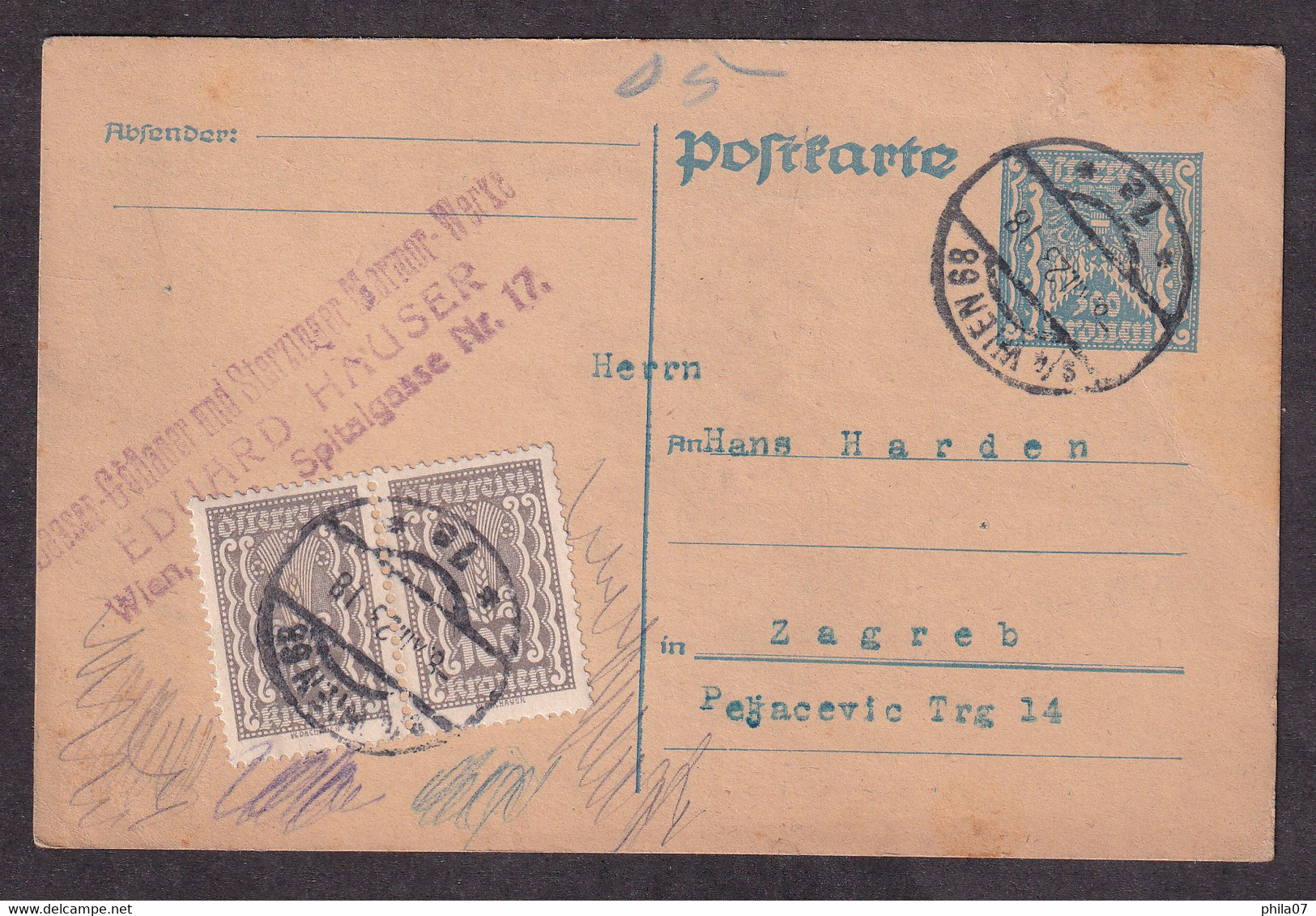 AUSTRIA - Old Stationery Additionally Franked And Sent From Wien To Zagreb 1923 / 2 Scans - Andere & Zonder Classificatie