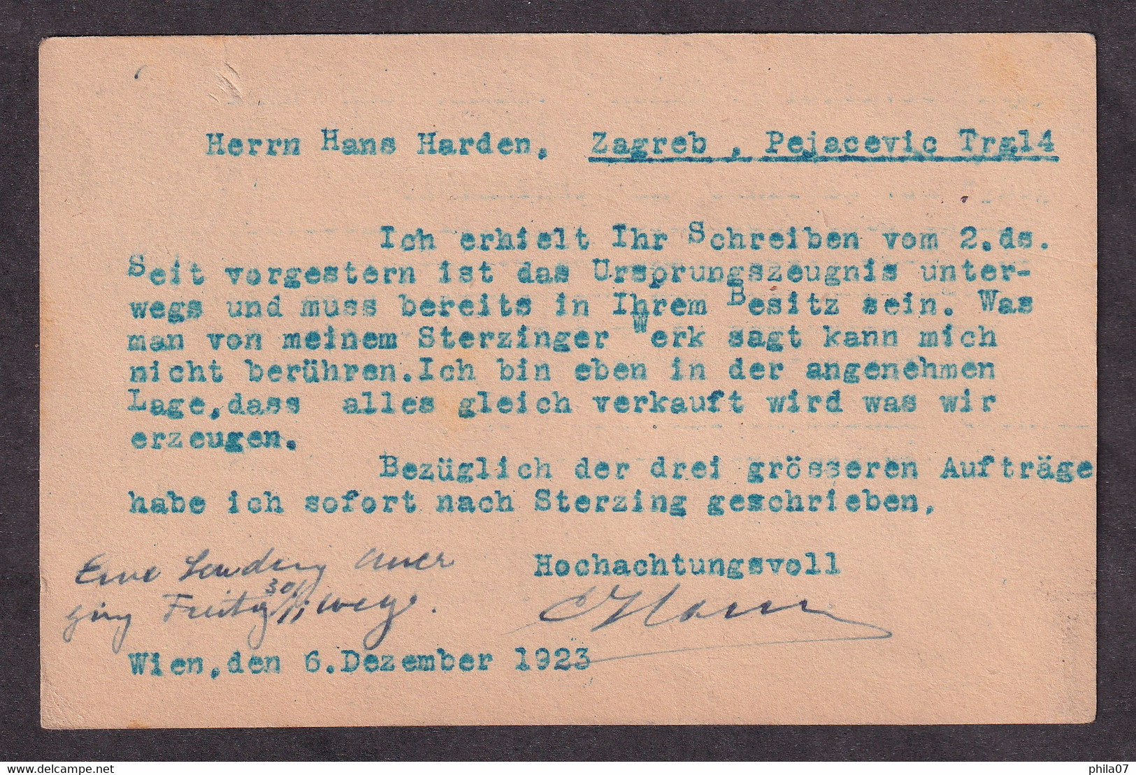 AUSTRIA - Old Stationery Additionally Franked And Sent From Wien To Zagreb 1923 / 2 Scans - Autres & Non Classés