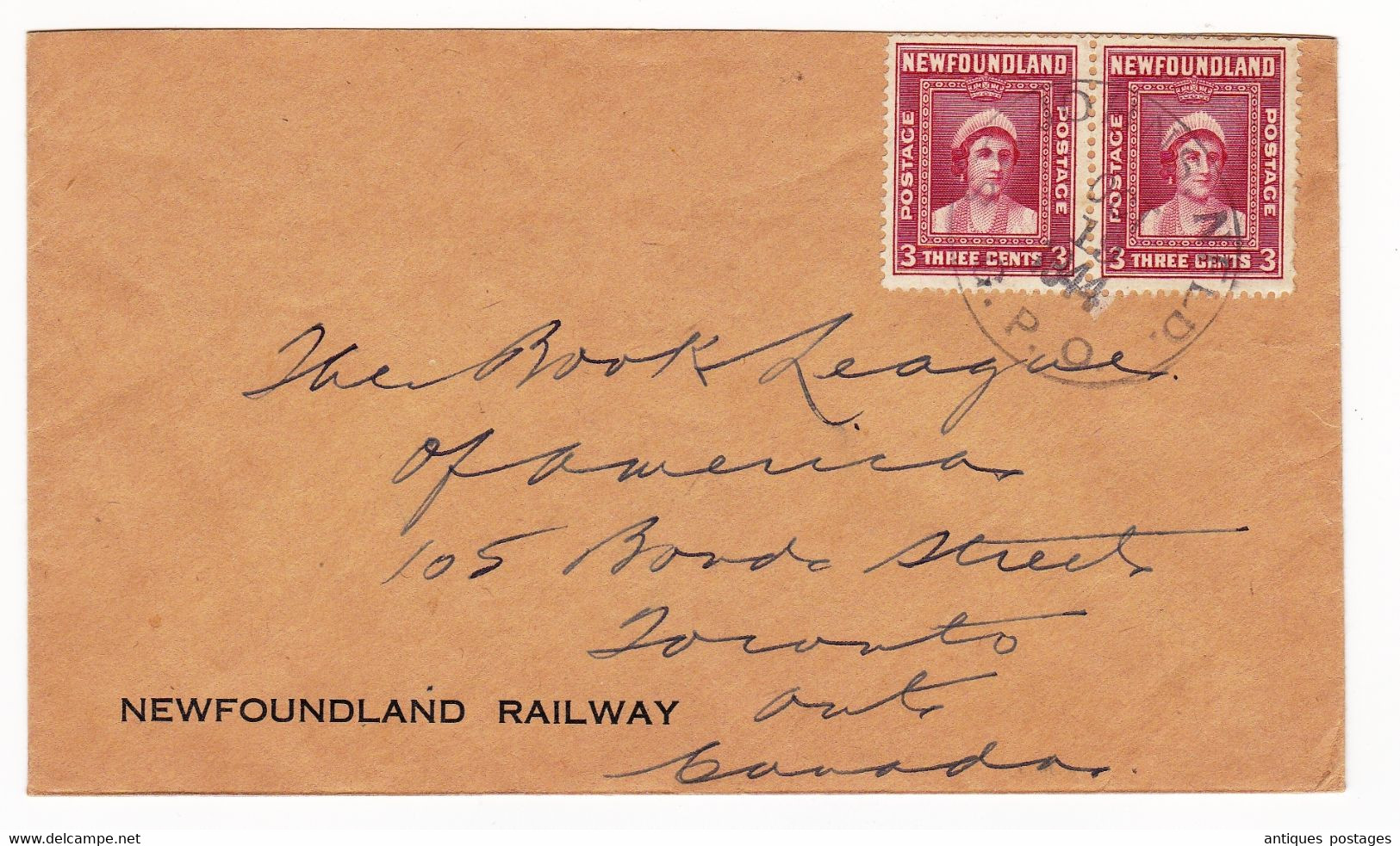 Lettre 1944 Saint John's Terre Neuve Canada Newfoundland Railway Toronto - 1908-1947