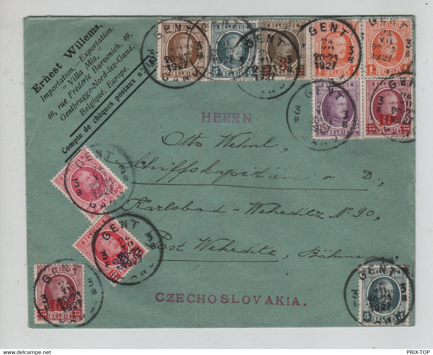 SP604/ TP Albert Houyoux S/L. Obl. Gent 24/7/1927 > Czecoslovakia - Covers & Documents