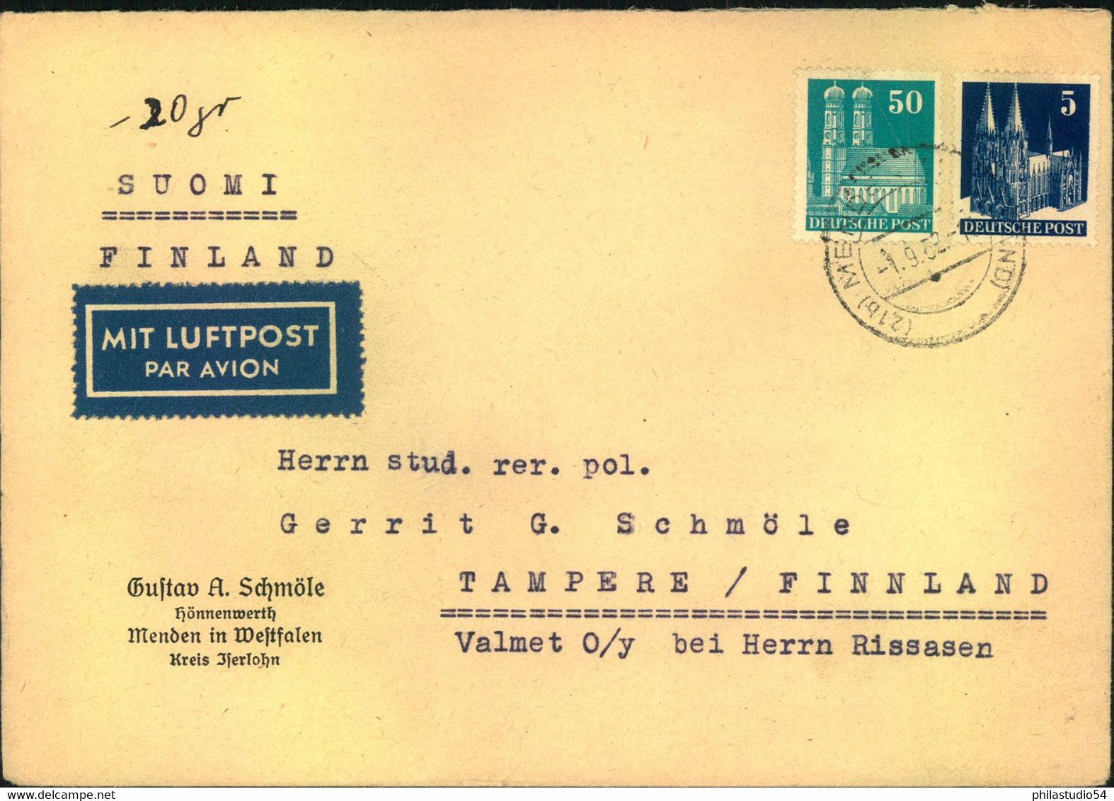 1952, Luftpostbrief Mit 50 Und 5 Pfg. Eng Gezähnt Ab MENDEN (WESTFALEN) Nach Finnland - Altri & Non Classificati