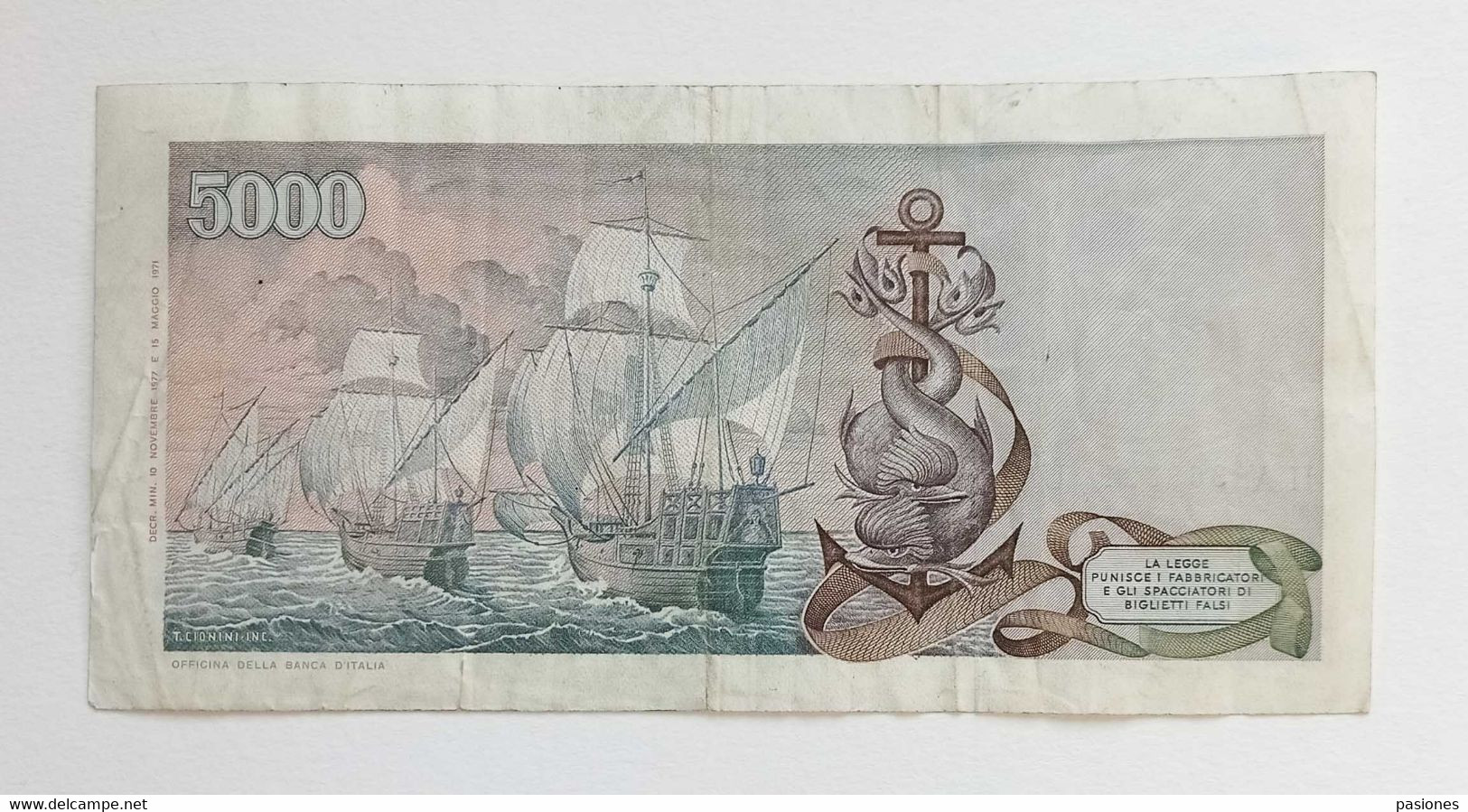 Banca D'Italia L.5000 Colombo Tre Caravelle D.M.10/11/1977 R2, Circolata - 5000 Lire