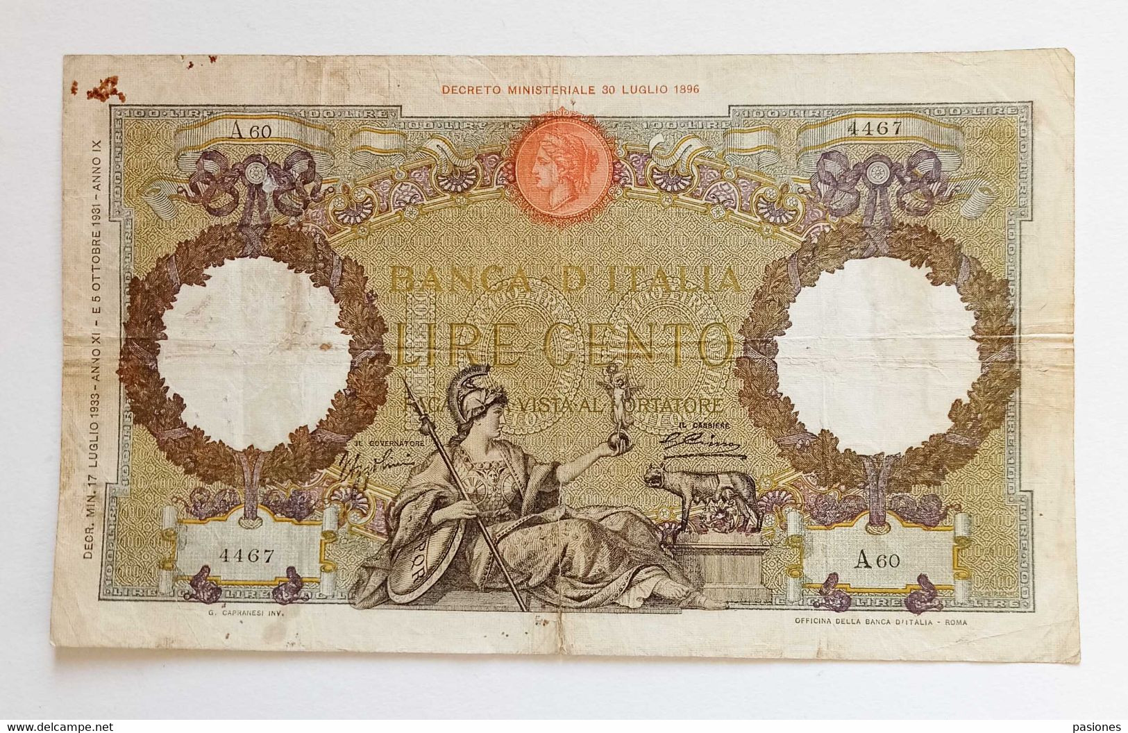 Banca D'Italia L.100 Aquila Romana "fascio" D.M.17/07/1933, Circolata - 100 Liras