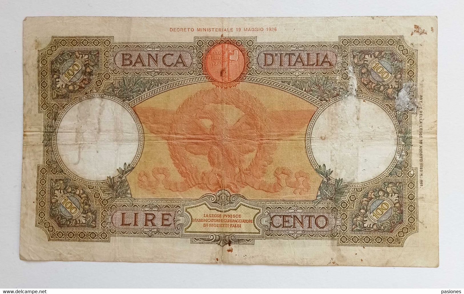 Banca D'Italia L.100 Aquila Romana "fascio" D.M.17/07/1933, Circolata - 100 Lire