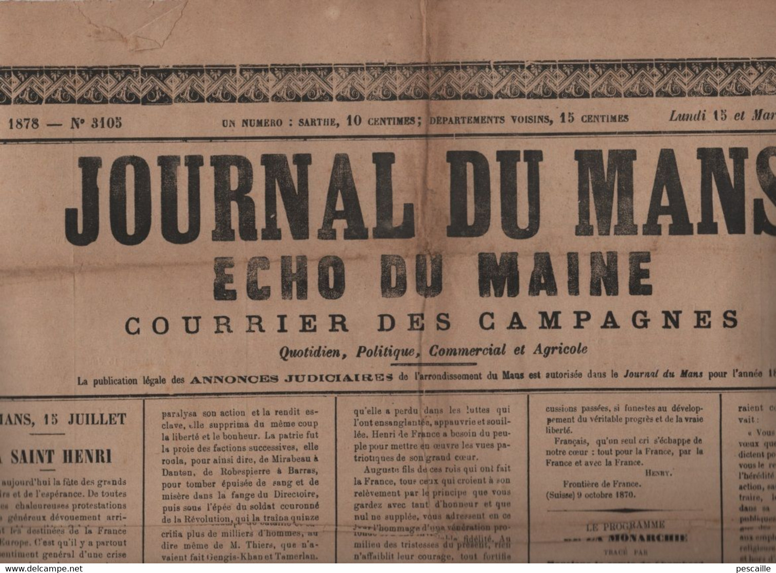 JOURNAL DU MANS ECHO DU MAINE 15 07 1878 - LA SAINT HENRI - PROGRAMME COMTE DE CHAMBORD - NOUVELLE CALEDONIE CANAQUES - Kranten Voor 1800