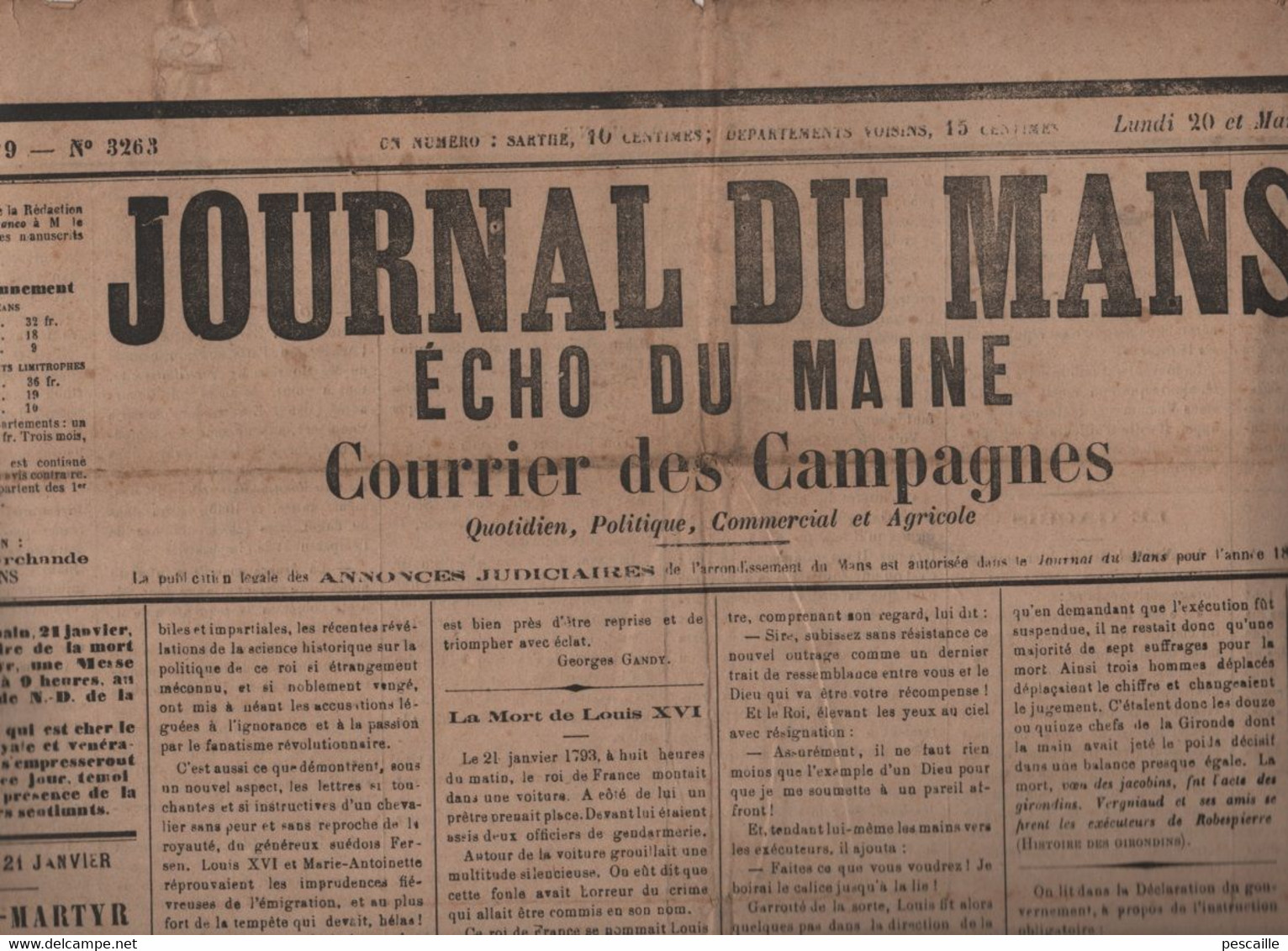 JOURNAL DU MANS ECHO DU MAINE 21 01 1879 - ANNIVERSAIRE EXECUTION DE LOUIS XVI - EGALITE FEMMES HOMMES - CALUIRE - Zeitungen - Vor 1800