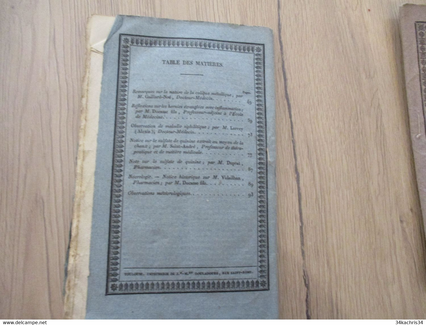 Journal de La société de Médecine de Toulouse 1826 colique Gaillard hernies syphilis....