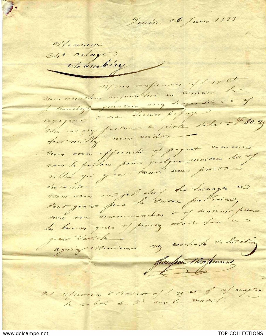 1833 LETTRE GAUSSEN & BOISSONNAS à Genève NEGOCE FINANCE Pour Ch.Delaye à Chambery Savoie - Suisse