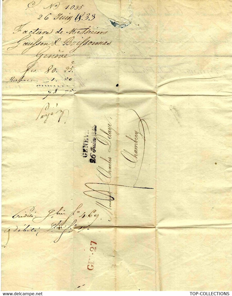 1833 LETTRE GAUSSEN & BOISSONNAS à Genève NEGOCE FINANCE Pour Ch.Delaye à Chambery Savoie - Schweiz