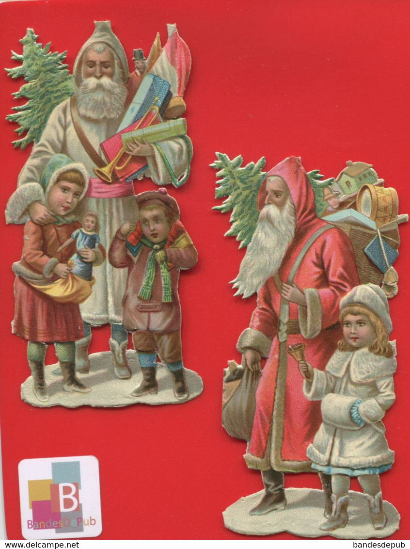 Chromo Decoupis  Deux PERE NOEL Brillant Gaufrés Enfants Jouets Sapin 10,5 Cm Très Bon état 1900 - Motiv 'Weihnachten'