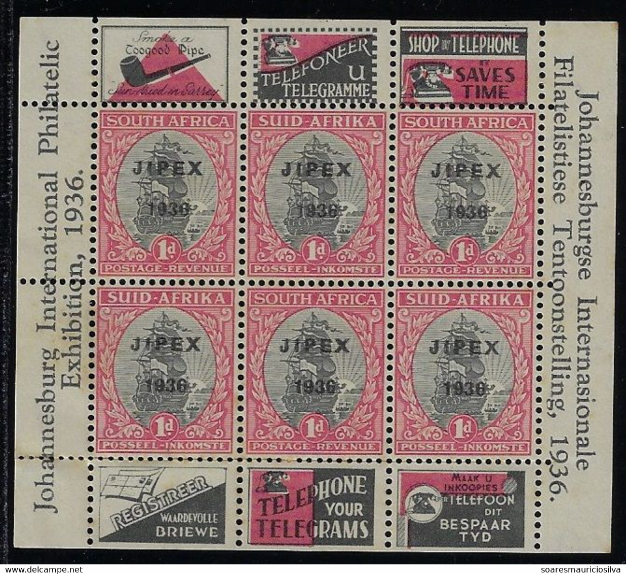 South Africa Souvenir Sheet 2 Johannesburg International Philatelic Exhibition 1 Penny Advertising telephone Pipe Letter - Blocks & Kleinbögen