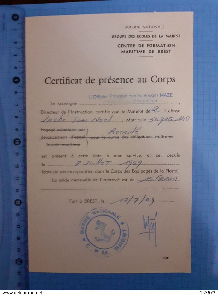 Docs Marine Nationale, Lettre Papier En-tête Illustré HOURTIN Et Certificat Présence Centre Formation Maritime Brest - Bateaux
