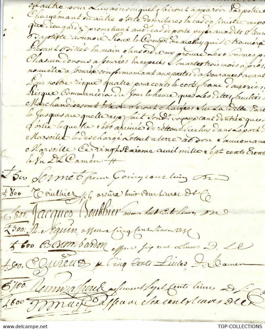 1731 NEGOCE NAVIGATION POLICE ASSURANCES MARITIMES Avec Sign. Marseille Roux Pour DuBroca Pour Echelles Du  Levant - Documents Historiques