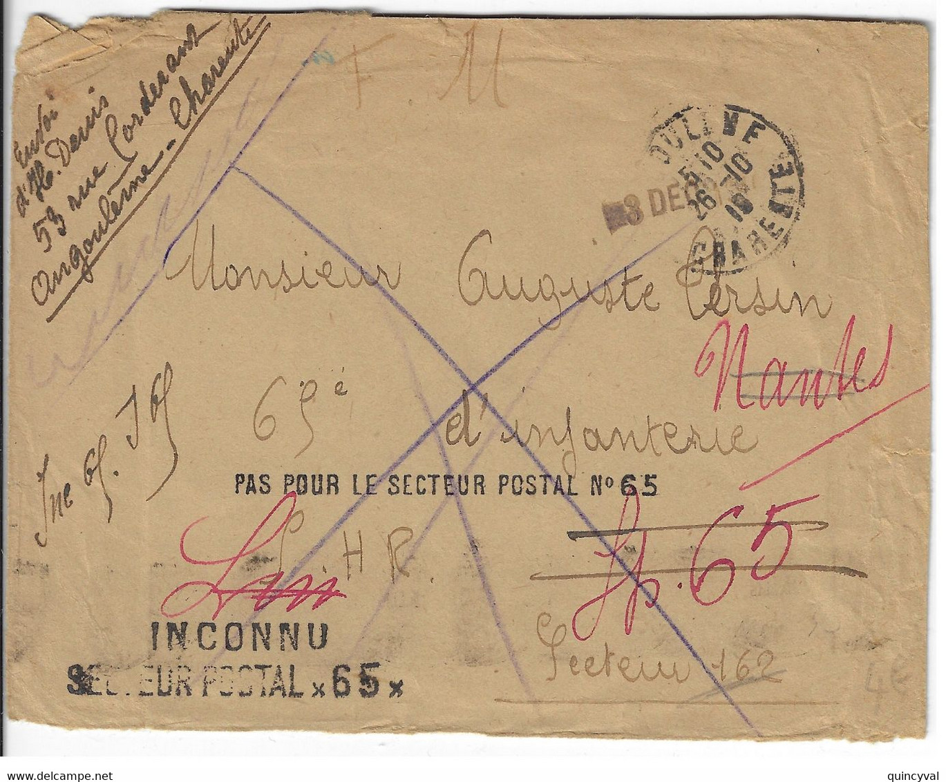 ANGOULEME Charente Lettre FM Envoyé Par Erreur SP 65 Griffe Inconnu Secteur Pas Pour Retour Envoyeur Verso Ob 26 10 1918 - Military Postmarks From 1900 (out Of Wars Periods)