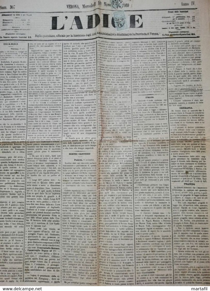 22.11.1869 Giornale ADIGE - LA RUE 1 Centesimo X 3 Su Testata - Marcofilie