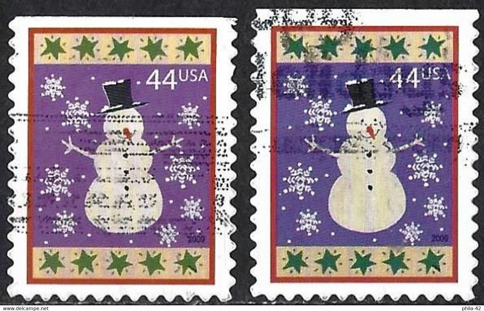 United States 2009 - Mi 4565 BD - YT 4228 ( Christmas - Snowman ) Perf. 10¾ X 11 - Two Shades Of Color - Variétés, Erreurs & Curiosités