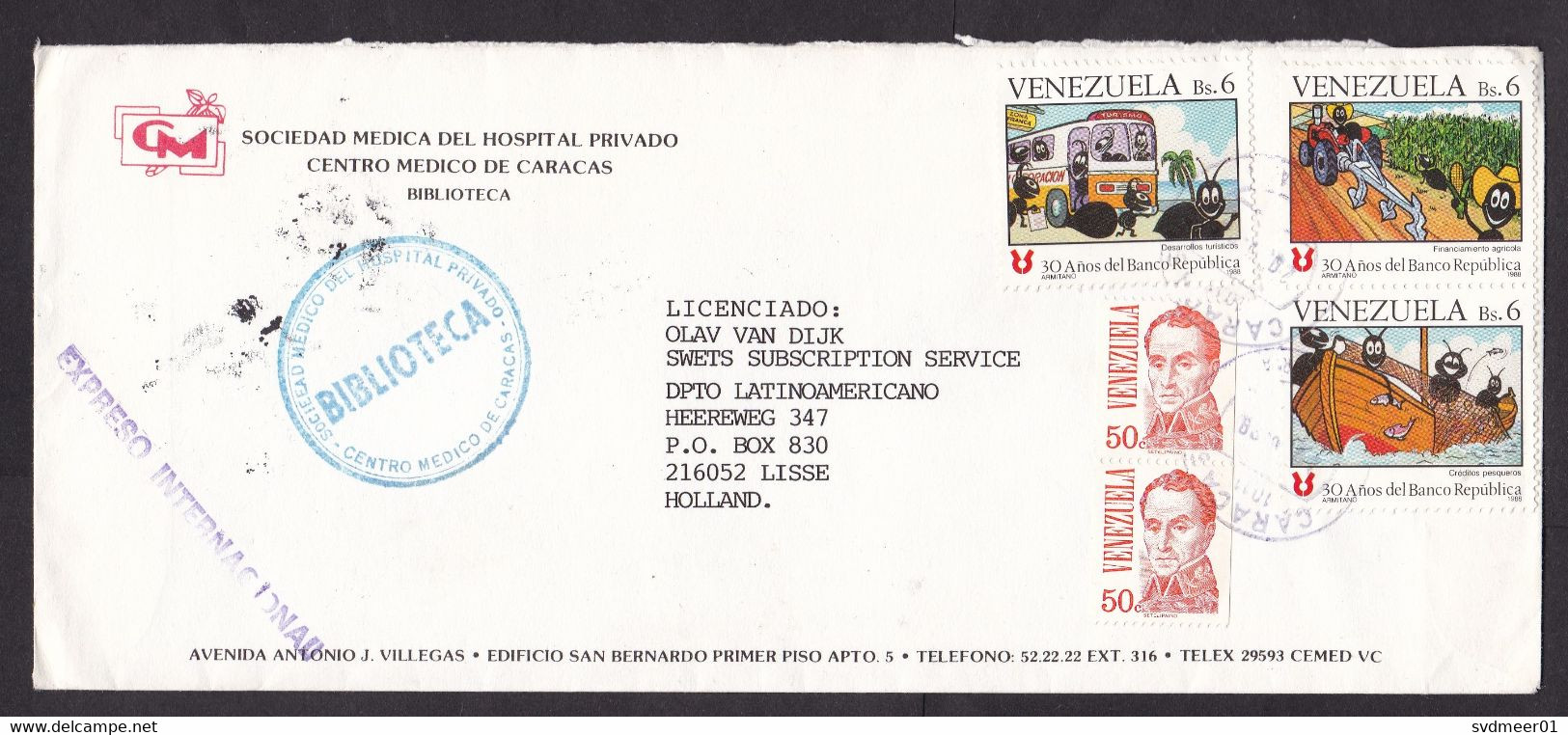 Venezuela: Express Cover To Netherlands 1988, 5 Stamps, Ant Cartoon, Bank, Agriculture, Fishing, Tourism (traces Of Use) - Venezuela