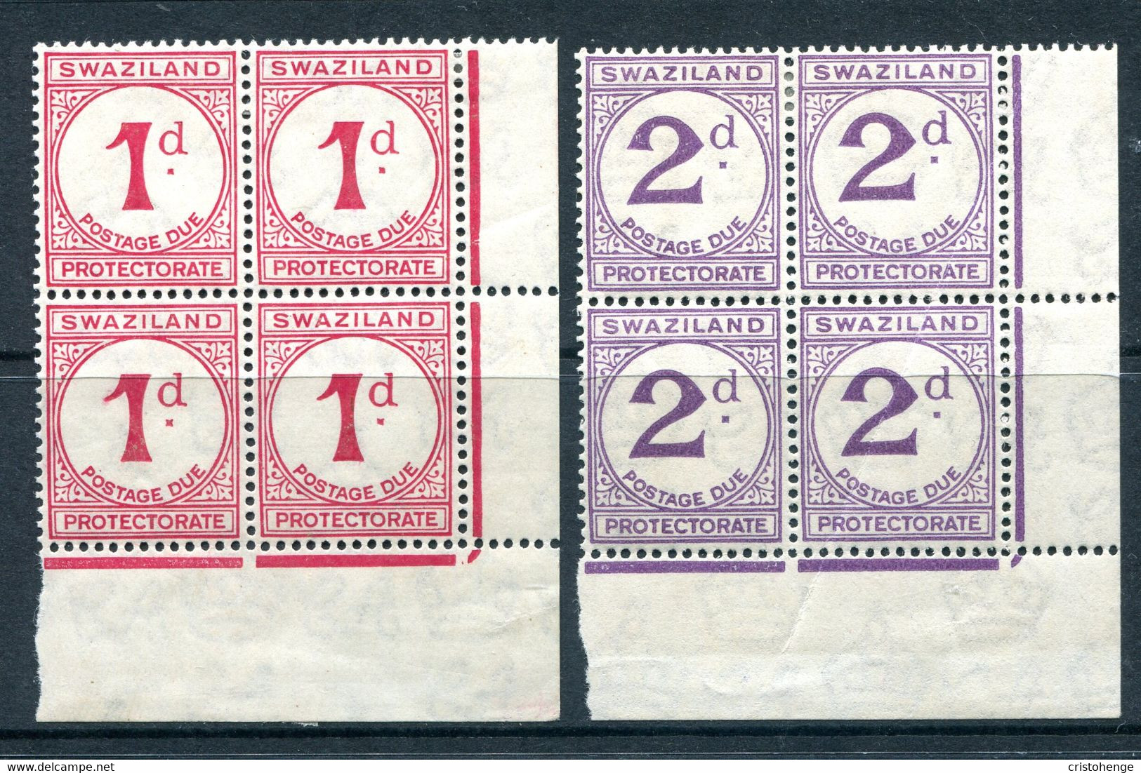 Swaziland 1933-57 Postage Dues - Blocks Of 4 Set LHM (SG D1-D2) - Diagonal Crease Through 2d Block - Swaziland (...-1967)