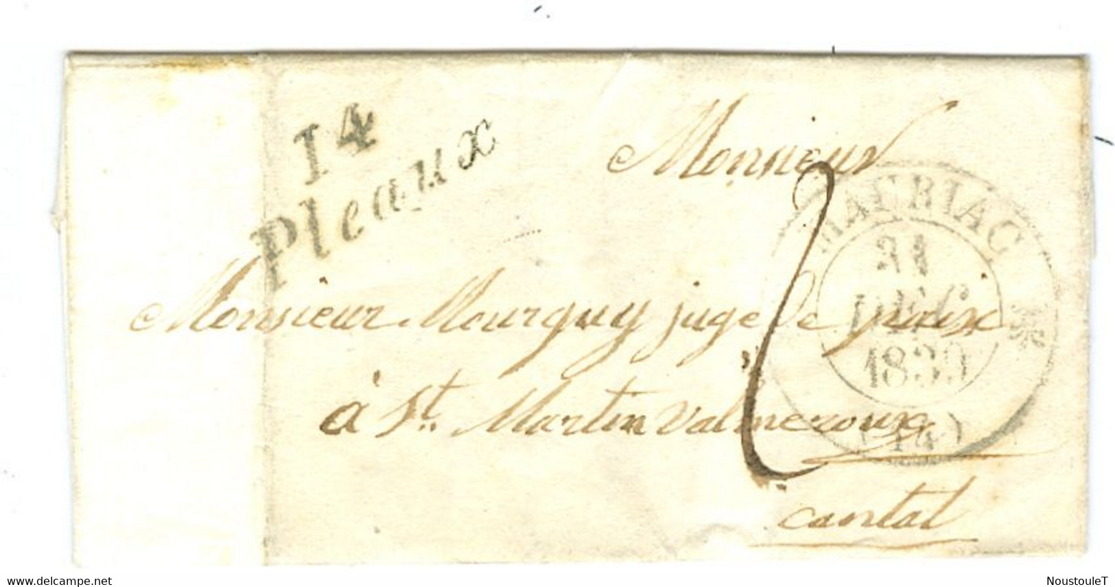 Lettre De Pleaux Cantal Cursive 14 Pleaux  +cachet 12 De Mauriac 1839 - 1801-1848: Précurseurs XIX