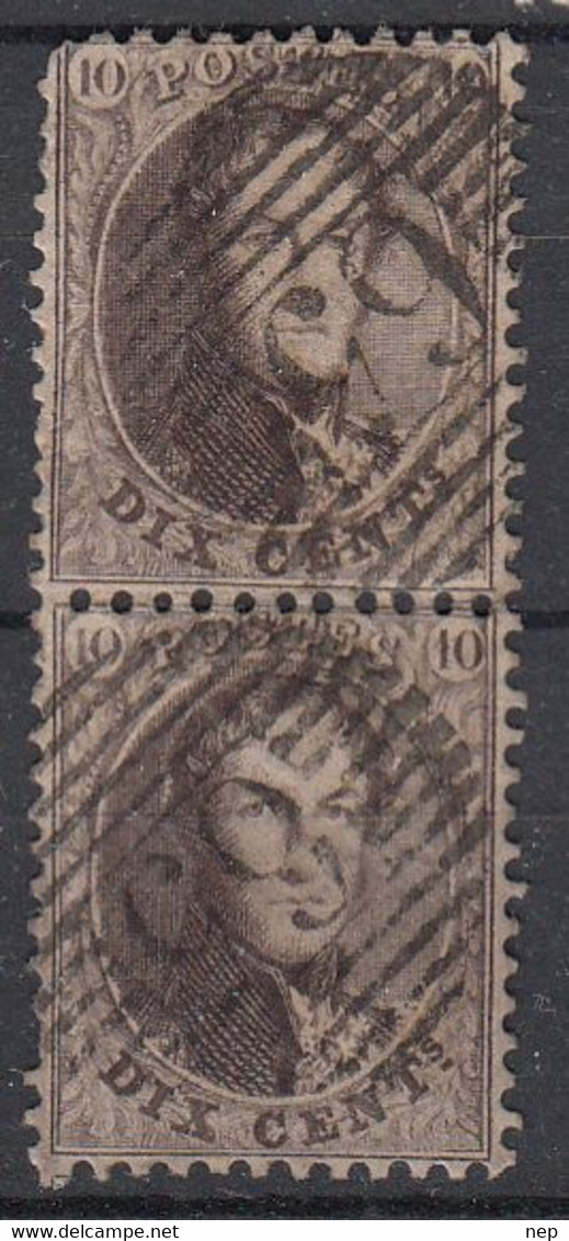 BELGIË - OBP - 1863 - Nr 14A (T/D 12 1/2 : 13 1/2) - (P 65) Samenhangend + 15.00 € - + Coba 5.00 €(x2) - Postmarks - Lines: Perceptions