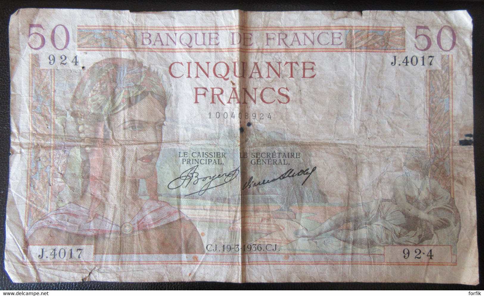 France - Billet 50 Francs Cérès 19-3-1936 - Alphabet J.4017 (état D'usage) - 50 F 1934-1940 ''Cérès''