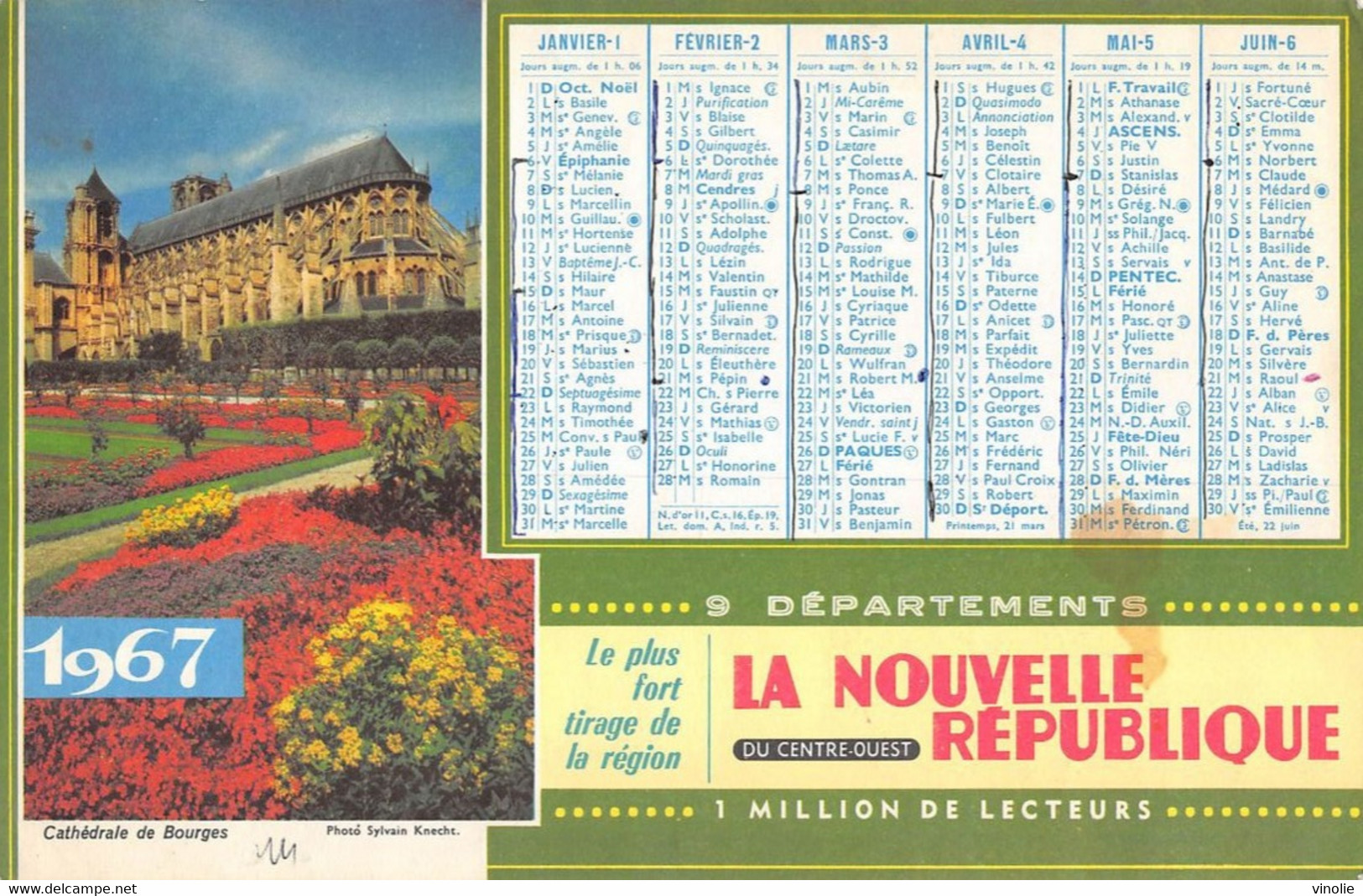 P-T-DH-GF.22-179 : CALENDRIER DE LA NOUVELLE REPUBLIQUE DU CENTRE-OUEST. ANNEE 1967. AZAY LE RIDEAU ET BOURGES - Grand Format : 1961-70