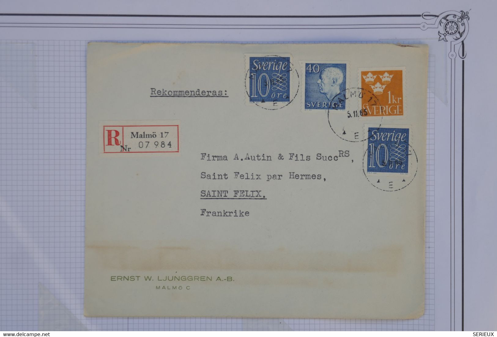 AT3 SUEDE  BELLE LETTRE  1965  MALMO POUR ST FELIX  FRANCE + +A VOIR +  AFFRANCH. PLAISANT - Storia Postale