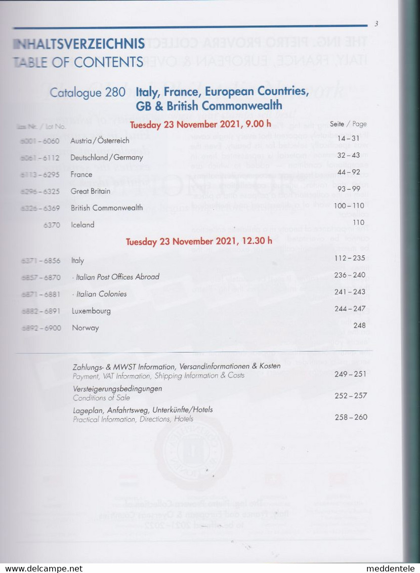 CORINPHILA 280 11/21 - COLL PROVERA - EUROPE 891 LOTS SEE INDEX - Ship 3€ OUTSIDE FRANCE - Catalogues De Maisons De Vente