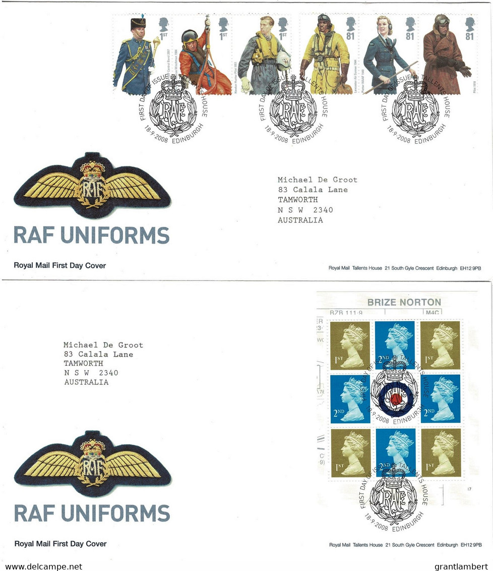 Great Britain 2008 RAF Uniforms Set Of 2 FDCs - 2001-2010 Em. Décimales