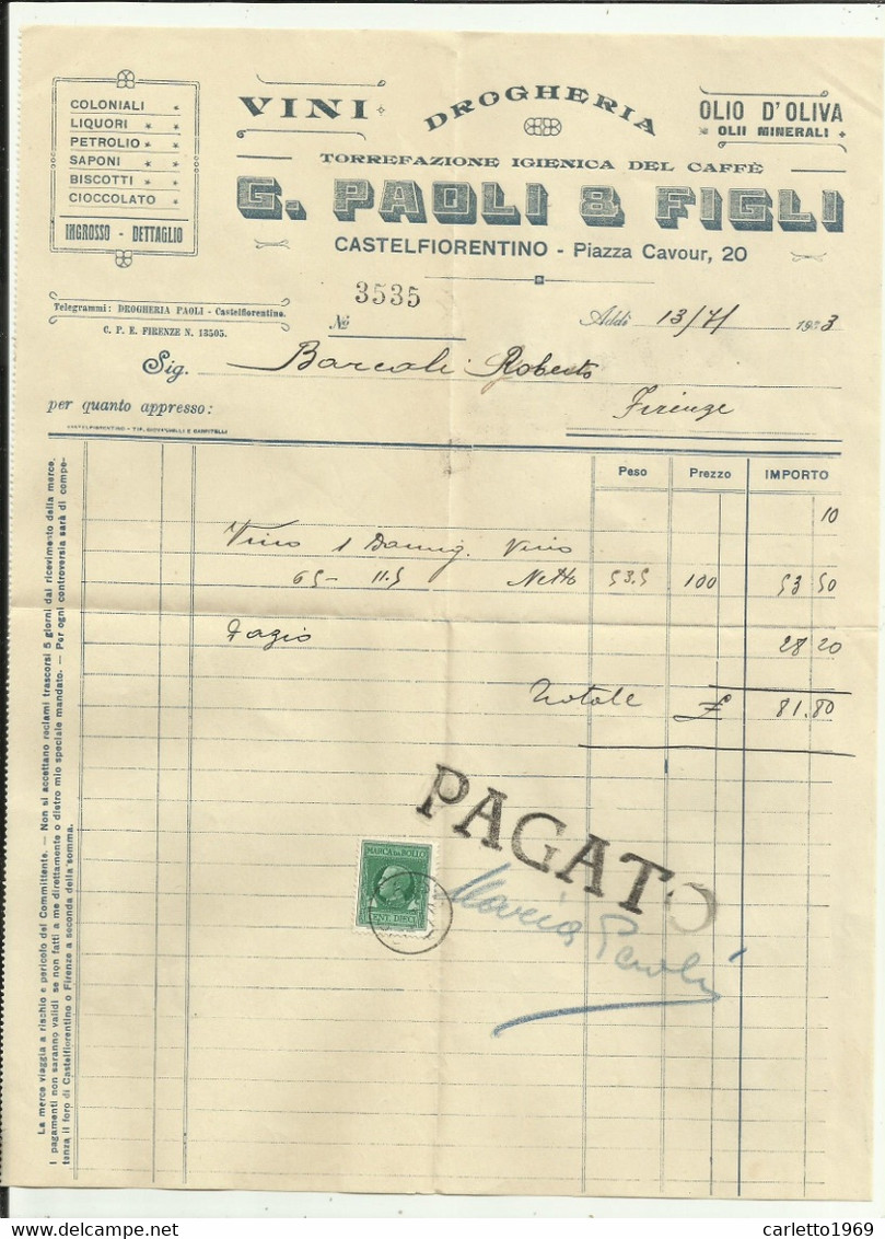 BUSTA CON FATTURA DROGHERIA PAOLI & FIGLI CASTELFIORENTINO 1933 - Italy