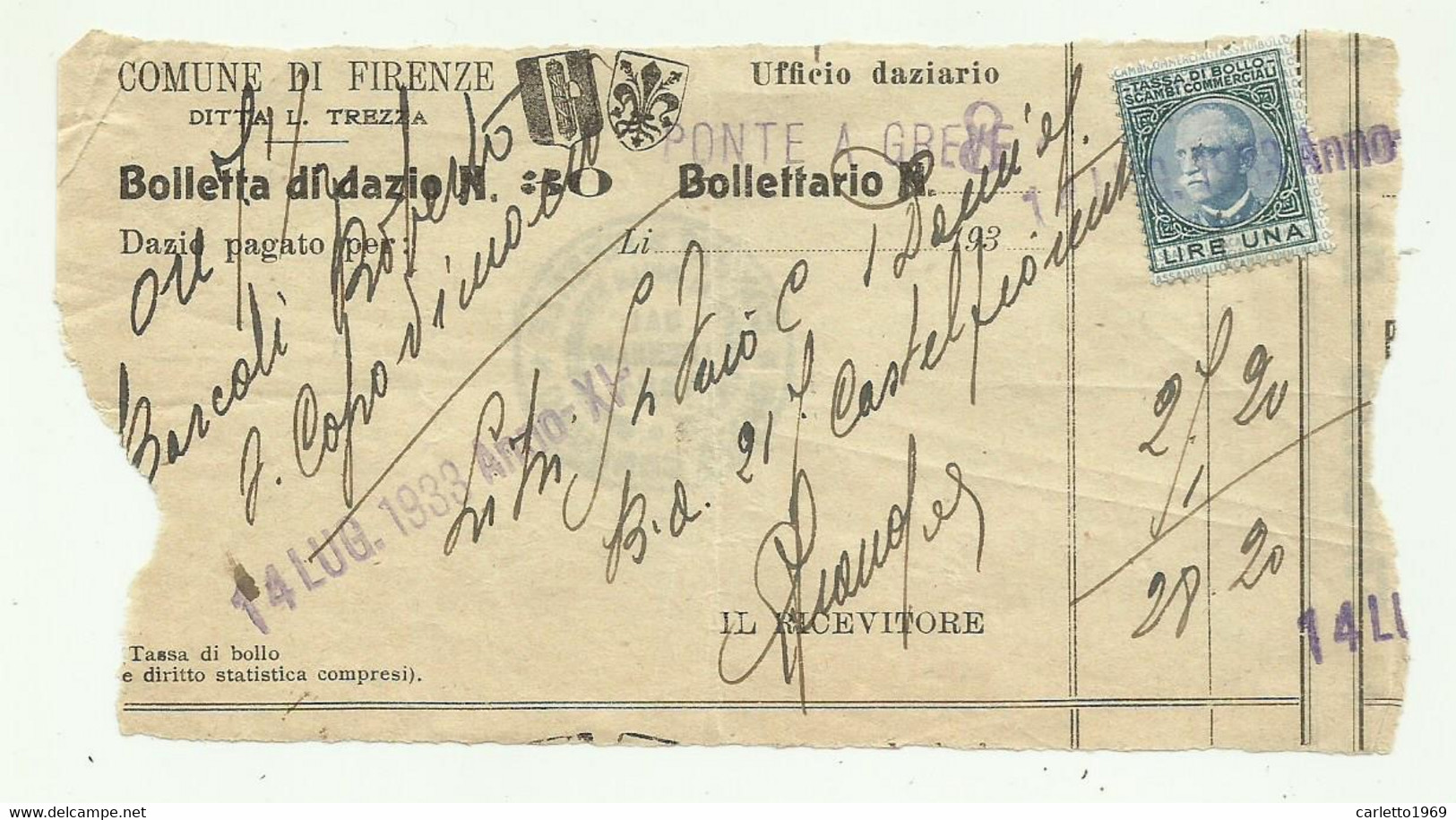 BUSTA CON FATTURA DROGHERIA PAOLI & FIGLI CASTELFIORENTINO 1933 - Italie