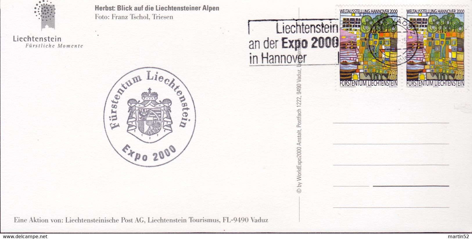 Liechtenstein 2000: "Blick Auf Die FL-Alpen" Zu 1178 Mi 1235 Yv 1176 Karte Mit Stempel VADUZ 20.9.00 EXPO 2000 Hannover - Cartas & Documentos