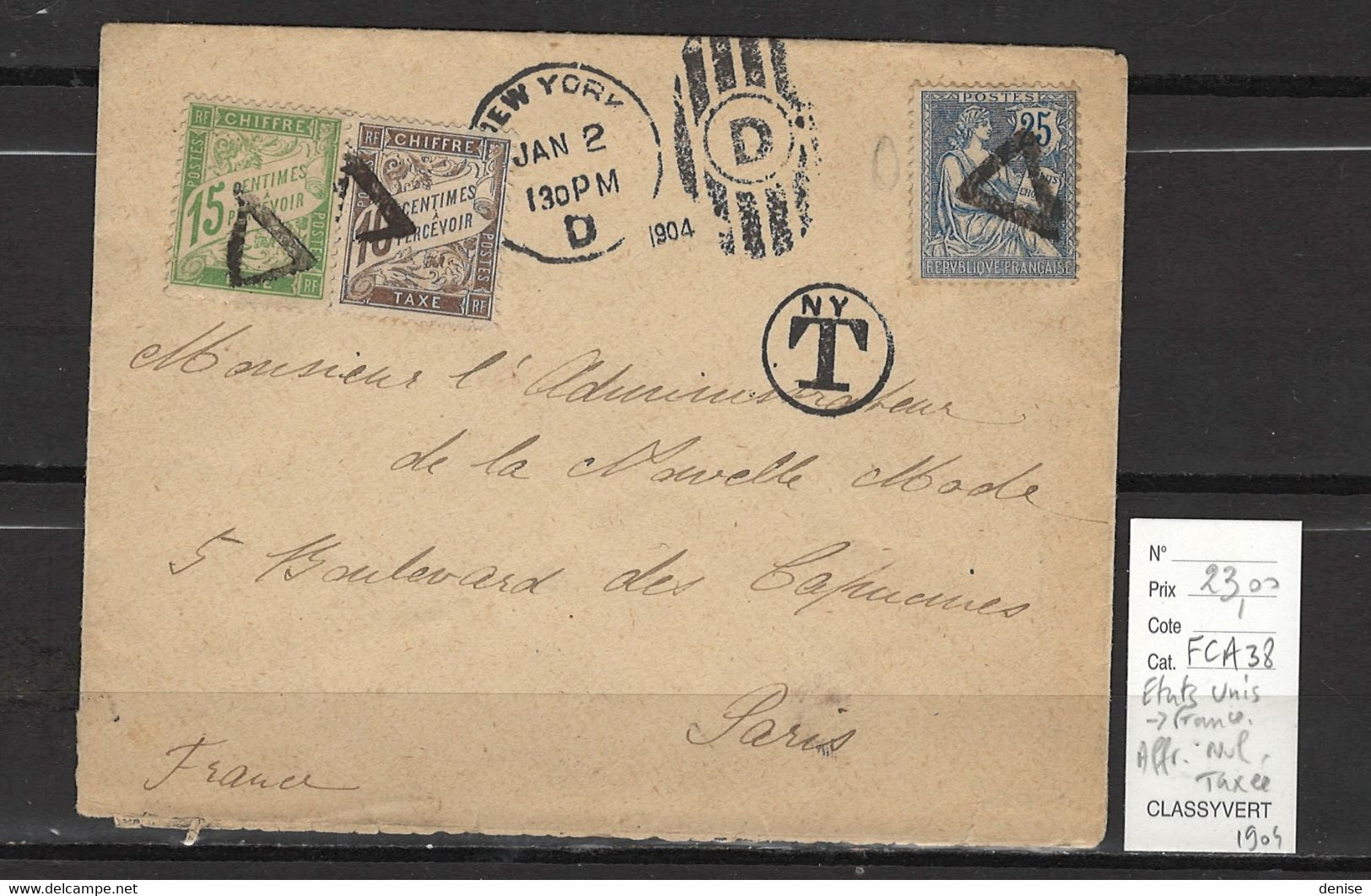France - Lettre New York - Etats Unis - Affranchissement Nul - Taxée 1904 - 1859-1959 Cartas & Documentos