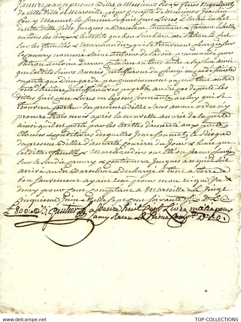 1766 POLICE ASSURANCES MARITIMES NEGOCE MARSEILLE Roux Frères Pour Barcelone Joachim Pou Y Manent - Historische Documenten