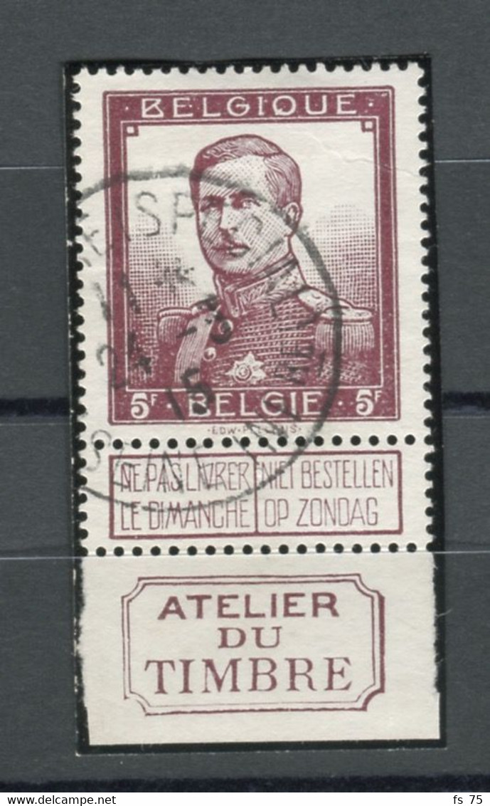 BELGIQUE - COB 122 - 5F LIE DE VIN ALBERT 1ER BORD DE FEUILLE ATELIER DU TIMBRE OBLITERE LE HAVRE (SPECIAL) - 1912 Pellens