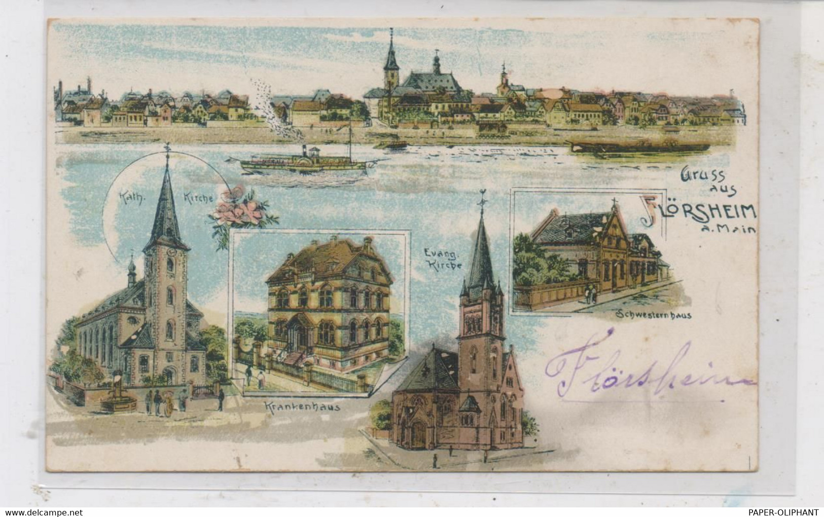 6093 FLÖRSHEIM, Lithographie, Kirchen, Krankenhaus, Schwesternhaus... - Flörsheim