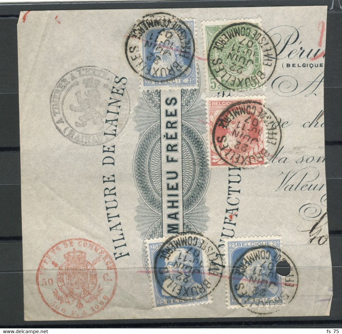 BELGIQUE - LOT DE 5 TIMBRES GROSSE BARBE SIMPLE CERCLE BRUXELLES EFFETS DE COMMERCE - 1905 Thick Beard