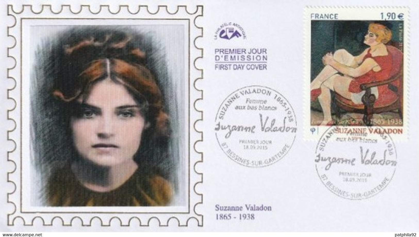 FRANCE 2015_Envel. 1er Jour_Fdc_soie_Tableau_Suzanne Valadon "Femme Aux Bas Blancs" (4977). Oblit. PJ 87 Bessines. - 2010-2019